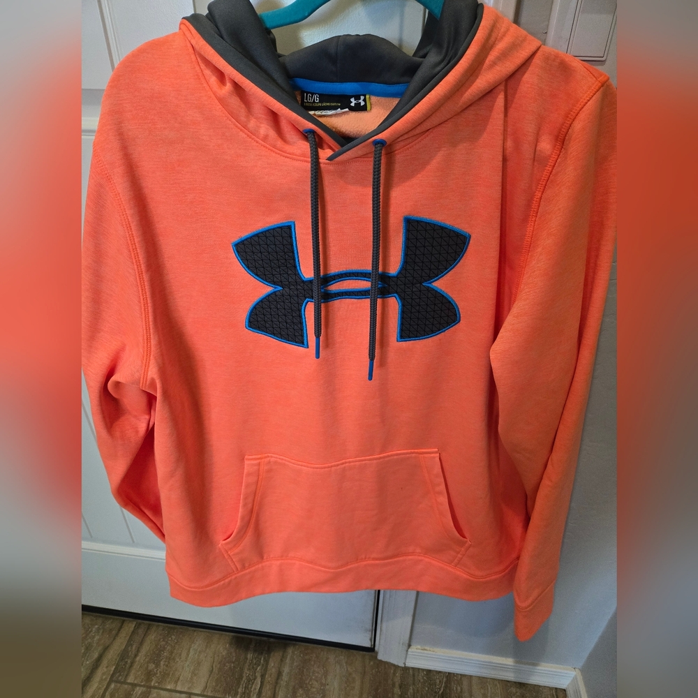 Men's Under Armour, Storm, Vibrant Orange Hoodie with Blue Emblem, Size L